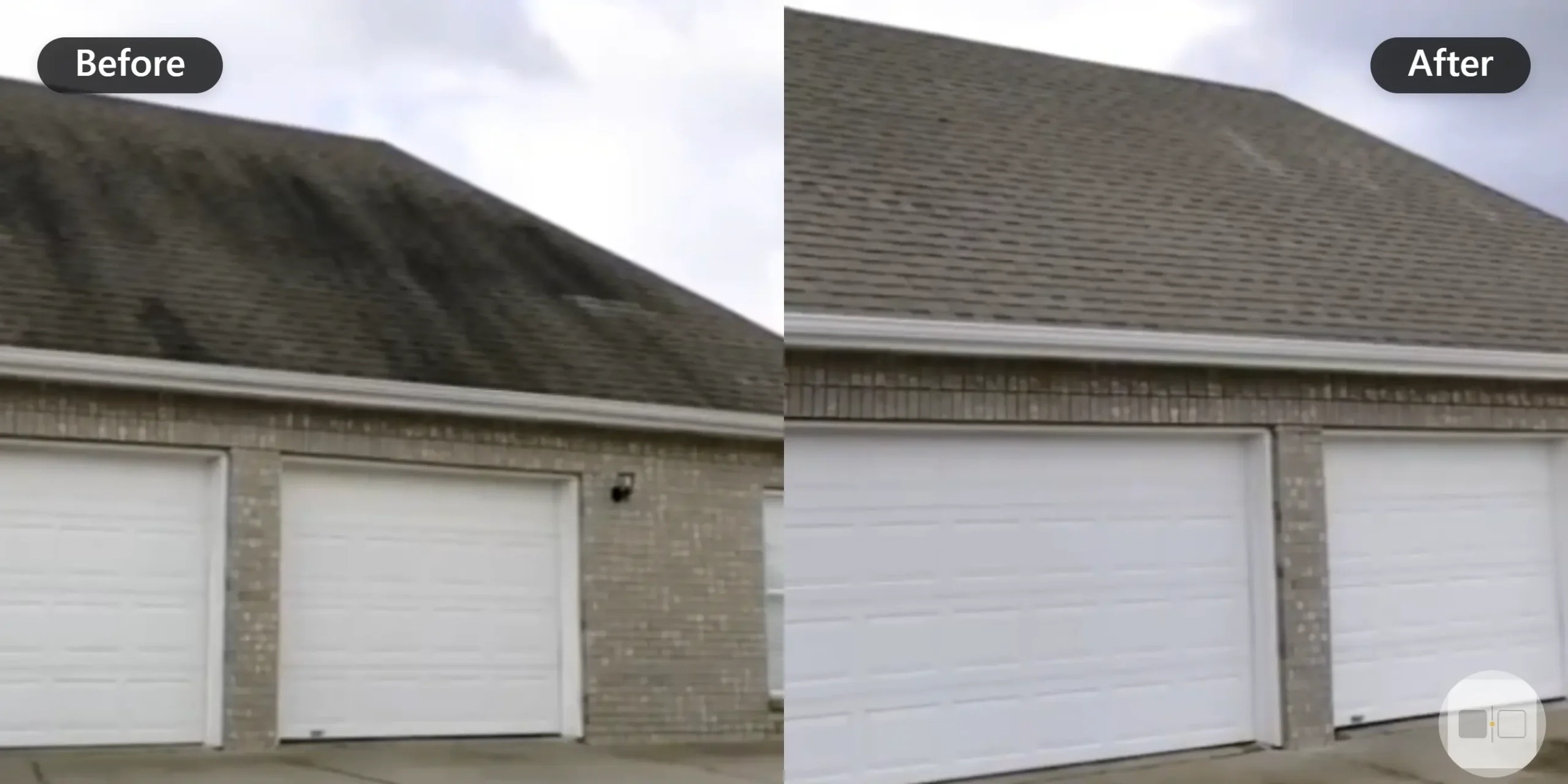 Before and after split image showing a garage shingle roof completely caked in thick black algae stains next to a tidy roof after cleaning.