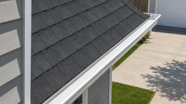 Clean white gutter along a dark asphalt shingle roof above a driveway