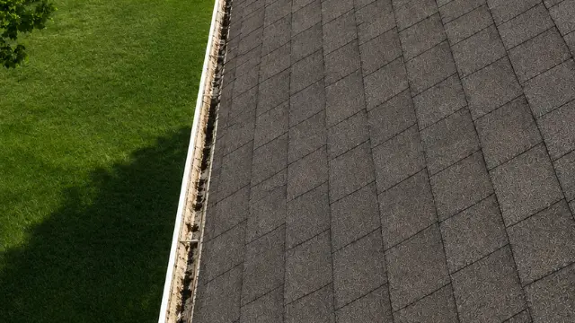 Gutter clogged with debris along a shingle roof above a lawn