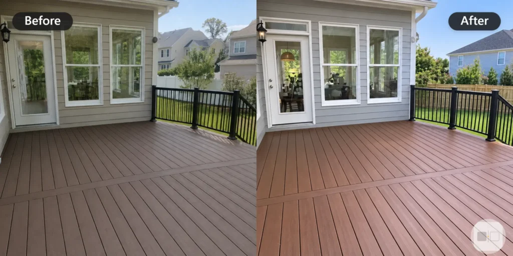 Before and after of a composite deck with black railing - Deck Cleaning in Wilmington, NC
