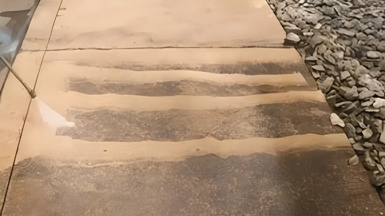 Concrete Steps Pressure Washing Clean Lines - Professional Pressure Washing Wilmington, NC Pressure washer leaving clean stripes on dirty concrete walkway steps - Professional Pressure Washing Wilmington, NC