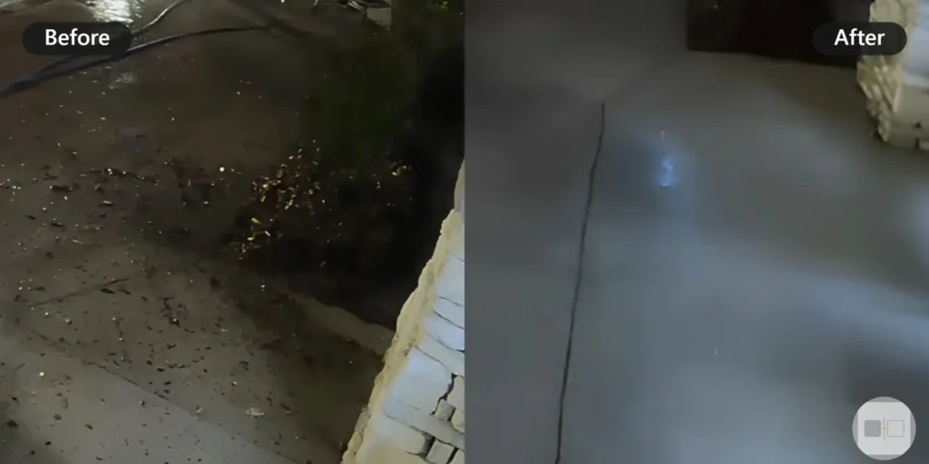 Concrete Walkway Before After Cleaning - Commercial Pressure Washing Wilmington NC Before and after of a concrete walkway cleared of dirt and debris - Commercial Pressure Washing Wilmington NC
