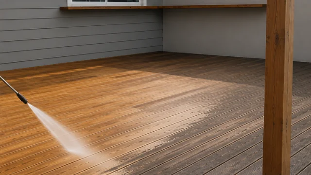 Pressure washing a covered wood deck under a porch roof - Deck Cleaning in Wilmington, NC