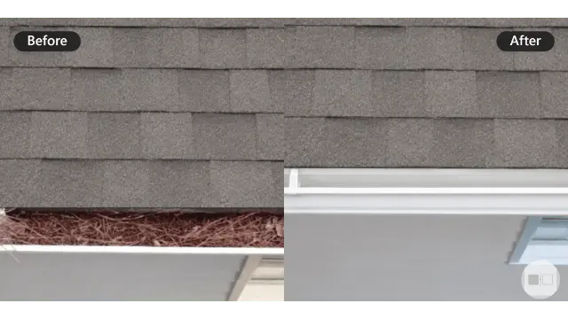 Before and after of a gutter full of debris cleaned out - Gutter Cleaning in Wilmington, NC