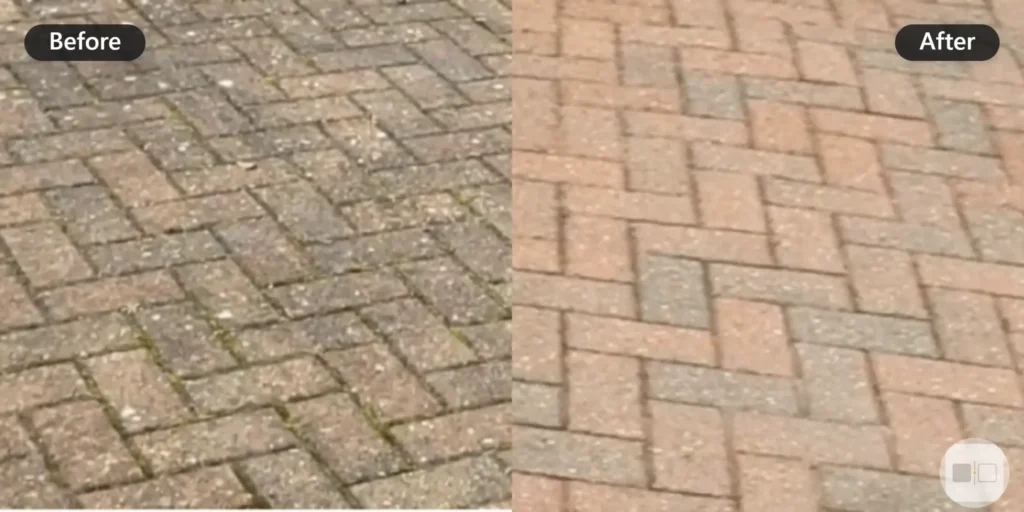 Before and after of herringbone brick pavers cleaned of moss and grime