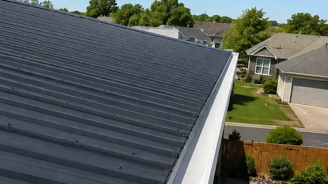 Dark metal roof with a clean gutter edge overlooking a residential neighborhood
