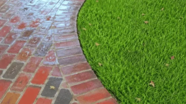 Curved red brick walkway beside a green lawn