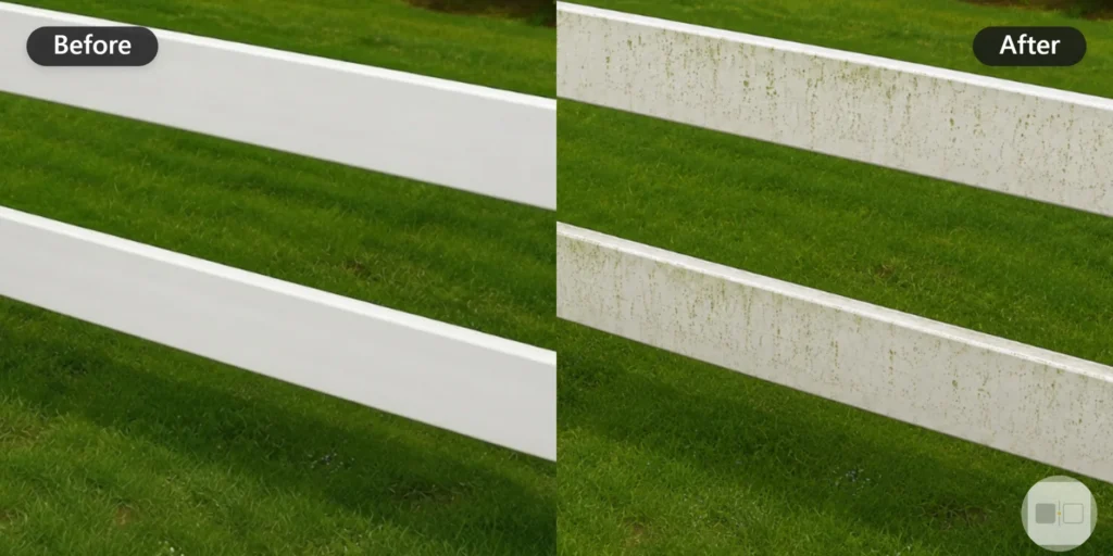 White Vinyl Fence Rails Before After Cleaning - Fence Cleaning Wilmington, NC Before and after of white vinyl fence rails cleaned of mildew - Fence Cleaning Wilmington, NC