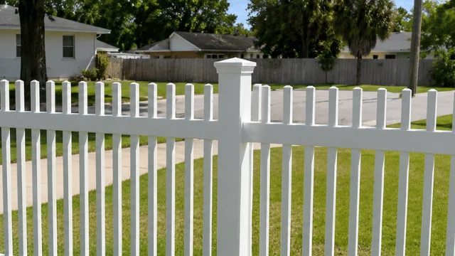 White Vinyl Picket Fence Yard - Fence Cleaning Wilmington, NC White vinyl picket fence around a yard with trees - Fence Cleaning Wilmington, NC