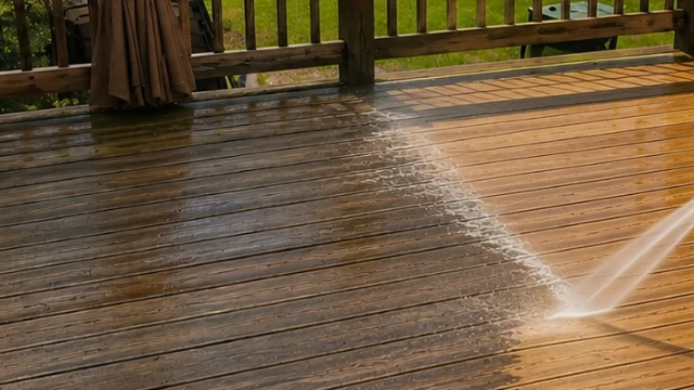 Pressure washing a weathered wood deck with railing to reveal clean boards