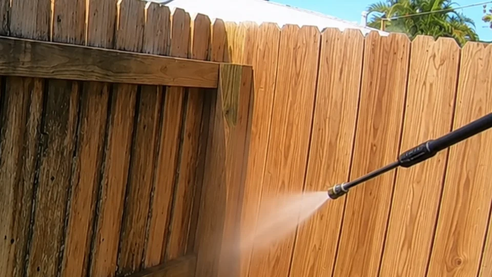 Pressure washing a wooden privacy fence to restore its natural color